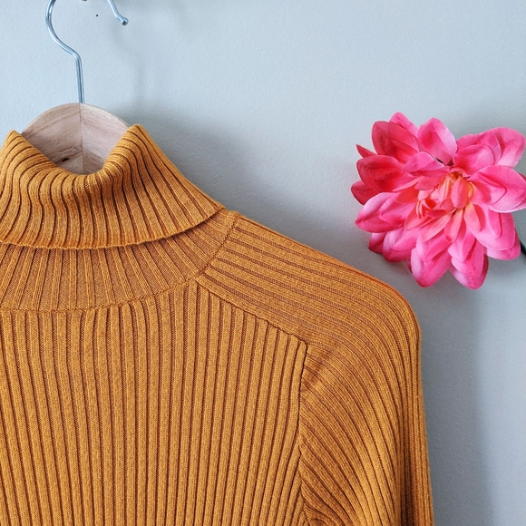 fine ribbed stretch turtleneck in mustard yellow - Picture 6 of 10